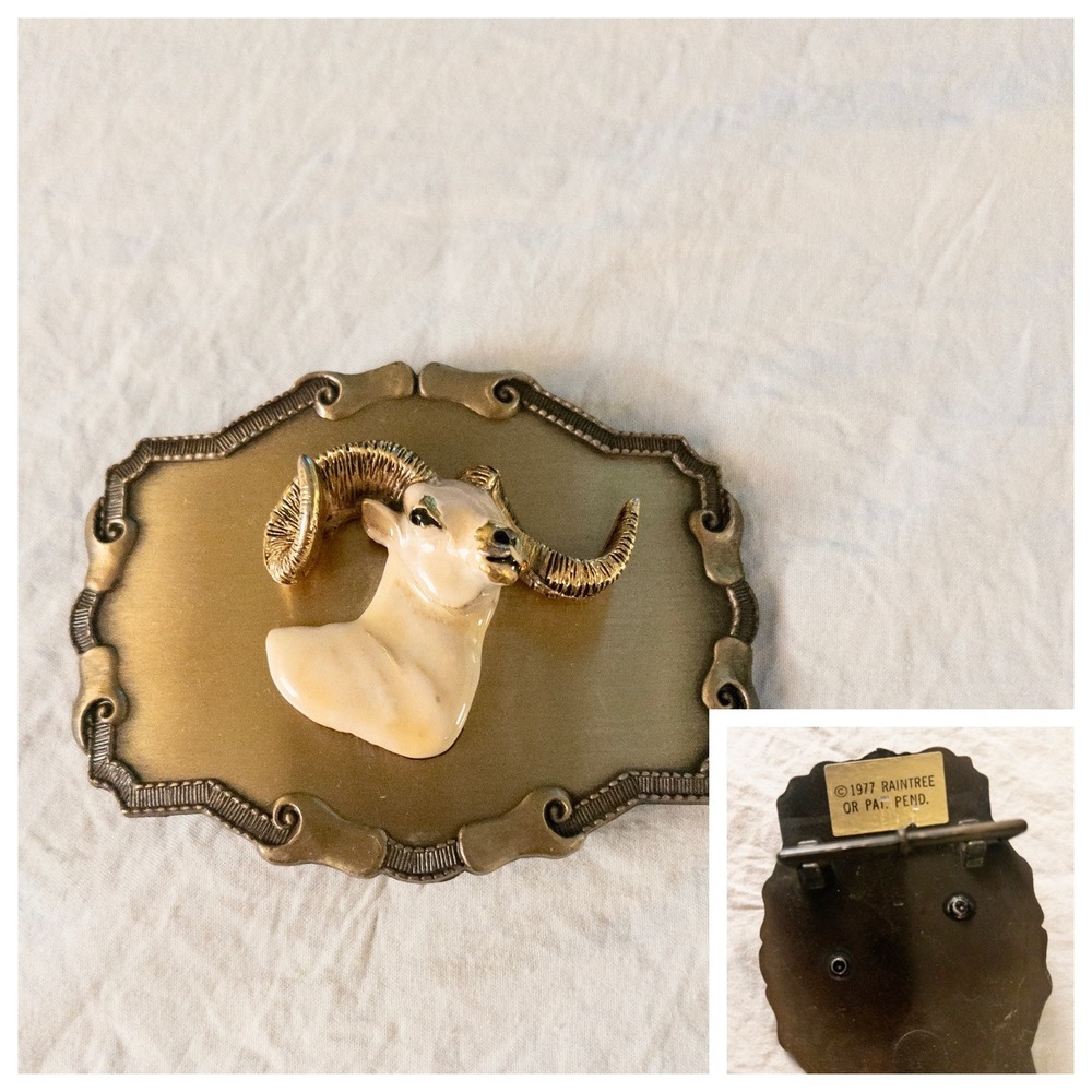 Vintage 1977 Raintree Belt Buckle Gold Ram Outdoors Hunting‎ Sportsman